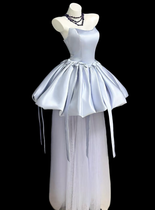 Pretty Ball Gown Strapless Light Blue Satin Senior Mini Dress Homecoming Dresses University Ideas Inspo Short Hoco Court Gowns RB7257