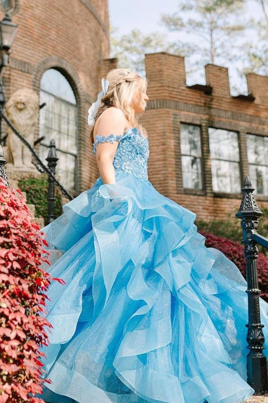 Niedliches Ballkleid, schulterfrei, hellblau, aus Spitze und Tüll, Abschlussballkleid, Partykleid, Geburtstagskleid, Abschlusskleid AB1041