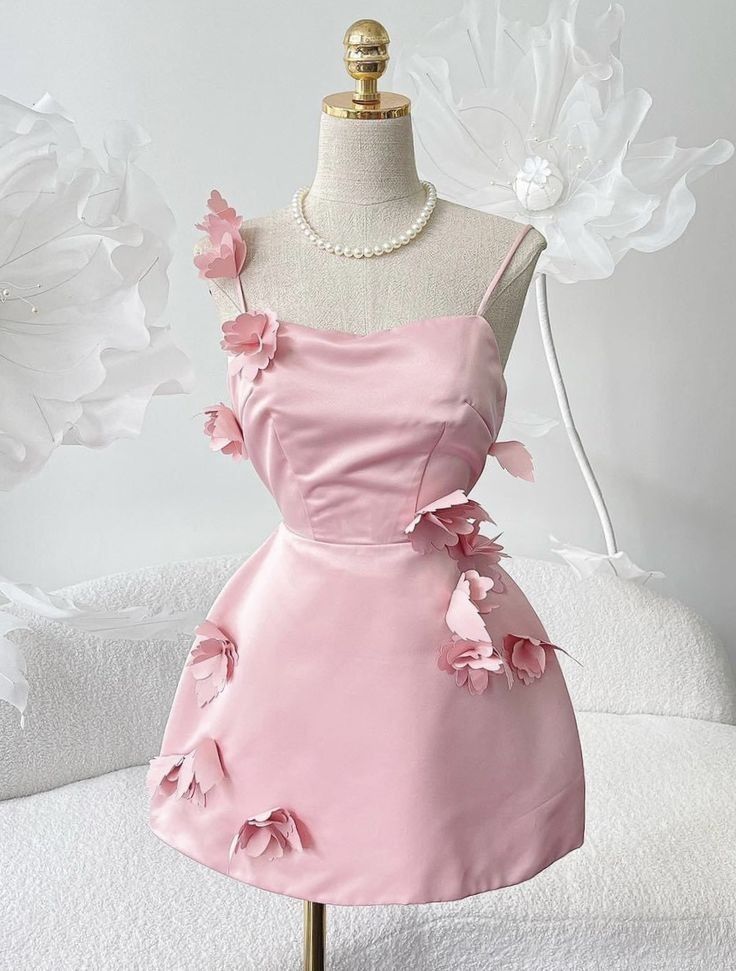 Hübsches A-Linien-Kleid mit Spaghettiträgern, pink, mit 3D-Blumen, Homecoming-Kleid, kurze Partykleider, Geburtstags-Outfits RB4170