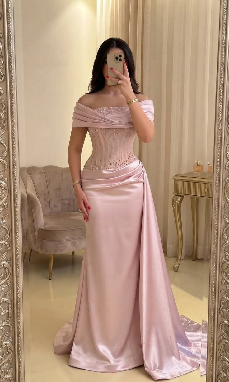 Pretty Mermaid Beaded Long Prom Dresses Satin Off The Shoulder with Beading RC1318