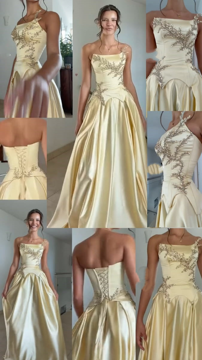 Yellow A Line Prom Dress Strapless Satin Evening Party Semi Appliqued Long Gala Formal Dress RC1519