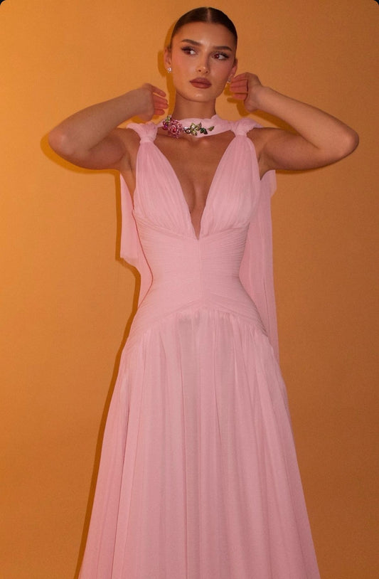 Wunderschönes, rosa Chiffon-Abendkleid in A-Linie mit V-Ausschnitt, ideal als Ballkleid oder Hochzeitsgastkleid (N890)