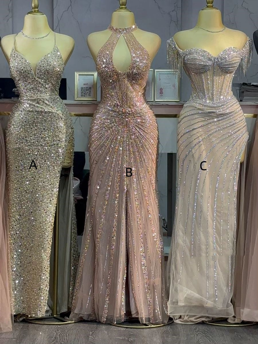 Pretty Mermaid Glitter Sleeveless Beaded Sequin Long Prom Dresses RC1376