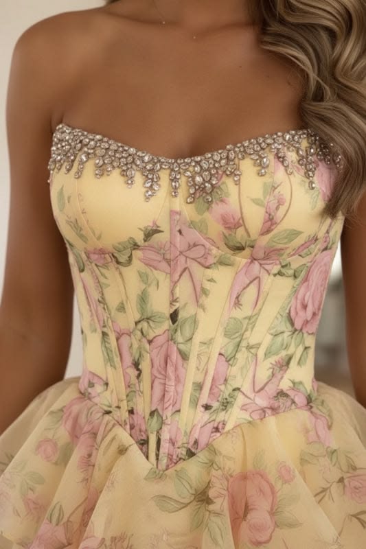 Robe de bal longue jaune bustier en mousseline de soie, coupe trapèze, à motif floral N1505
