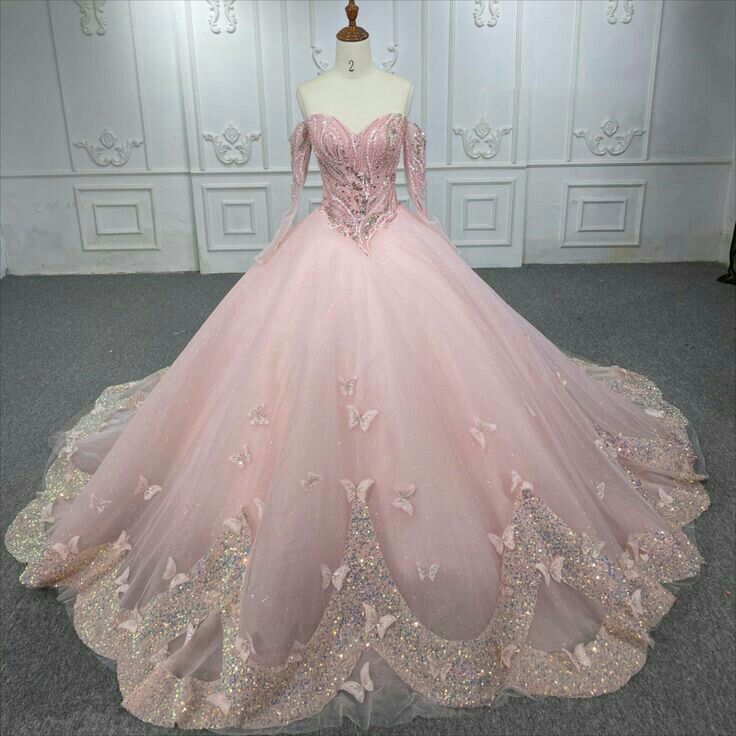 Elegant Princess Ball Gown for Wedding & Formal Events Off The Shoulder Butterfly Pink Quince Dress Quinceanera Dresses Birthday Outfits RB8219