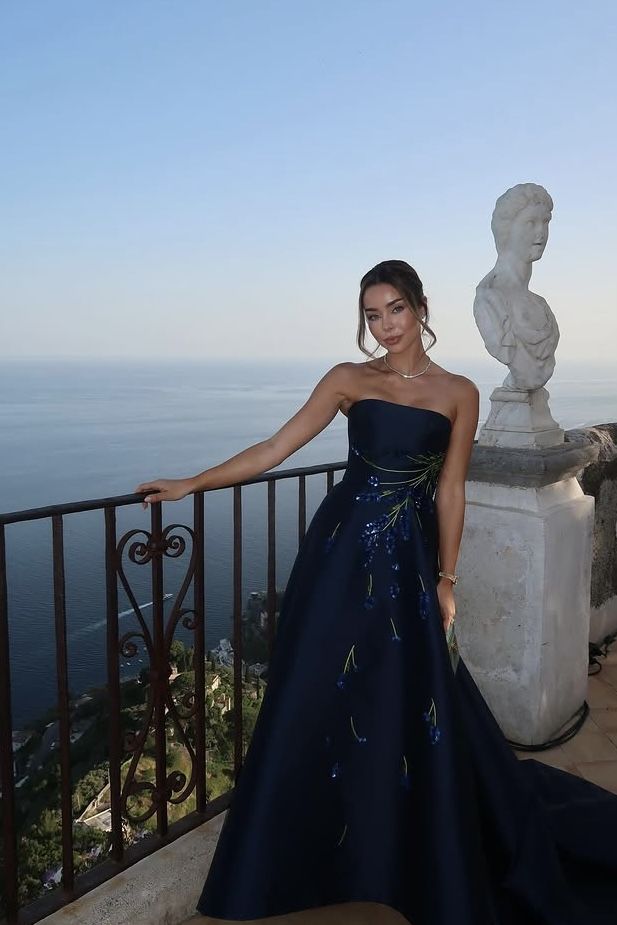Navy Blue A Line Prom Dress Beaded Satin Evening Party Semi Long Gala Formal Dress RC1517
