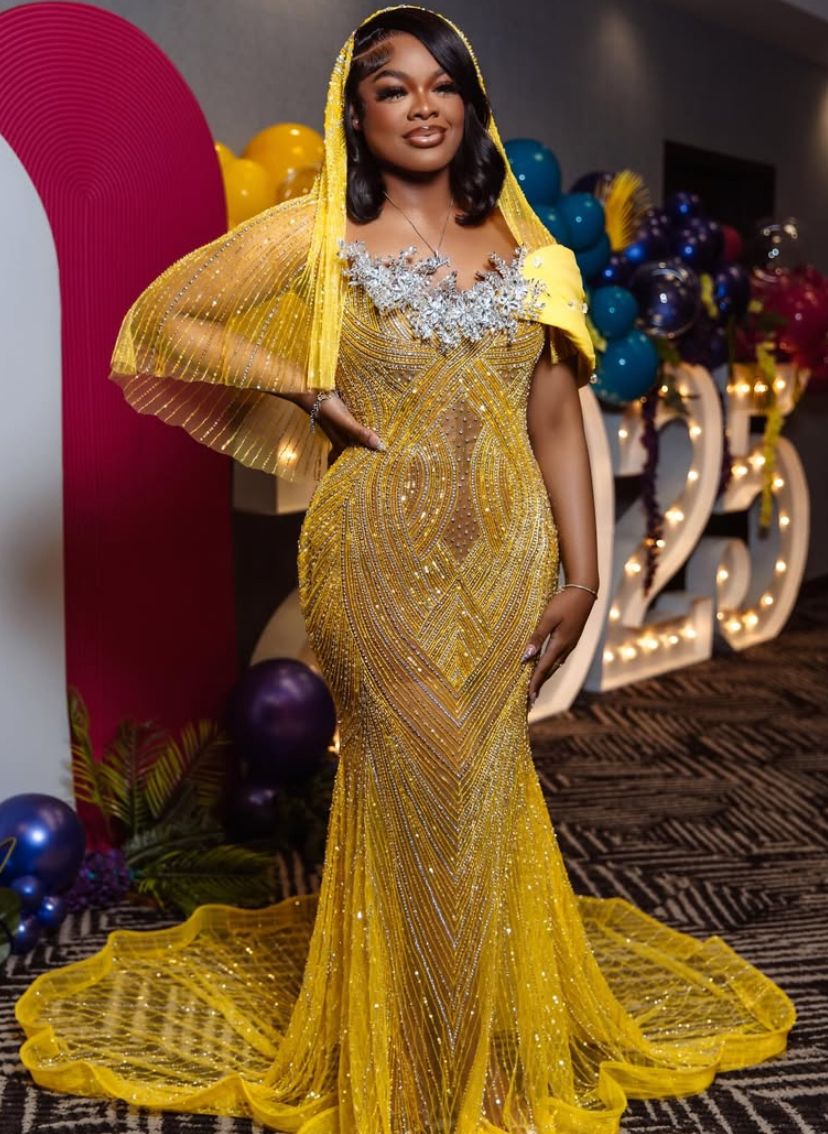 Robe de bal sirène bustier à sequins jaunes, inspiration femme noire, robe de soirée longue pour fête, tenue pour un 18e anniversaire AB2357