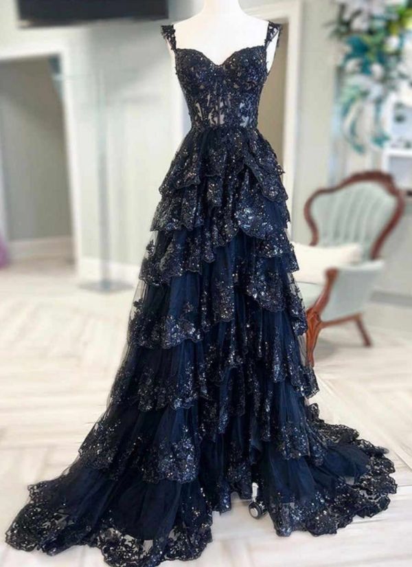 Schulterfreies, gestuftes Bustier-Ballkleid mit Schnürung AB1835