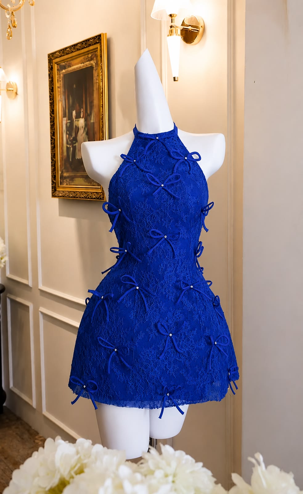 Niedliches, atemberaubendes, königsblaues Mini-Hoco-Kleid aus Spitze | Elegante Mini-Partykleider mit 3D-Blumen RB4159
