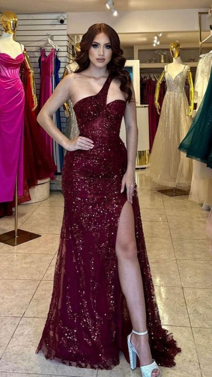 Classy Glitter Burgundy Sequin Prom Dress Slit Party Dress Inspo Long Prom Gown AB317