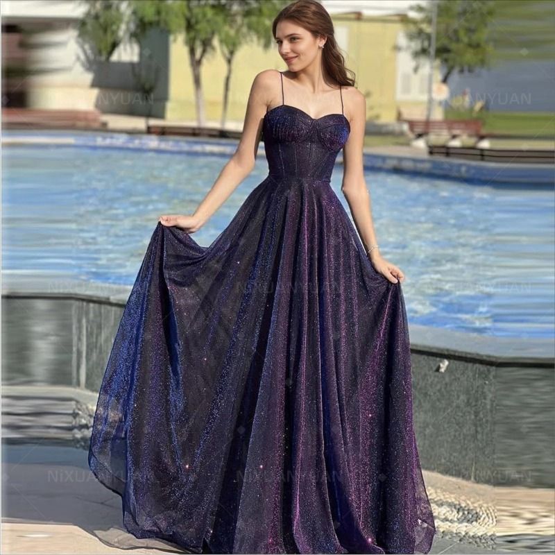 Funkelndes Tüll-Abendkleid für Damen, langes Korsett, A-Linie, Spaghettiträger, Glitzer, formelle Roben, Inspiration Abendkleid AB705