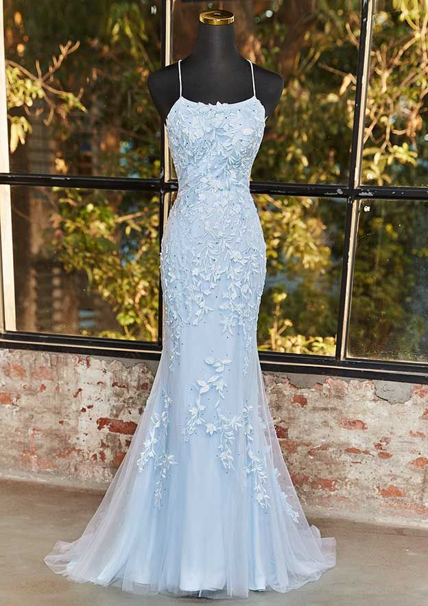 Meerjungfrauen-Ballkleid, Spaghettiträger, Abendkleid, hellblau, rückenfrei, AB710