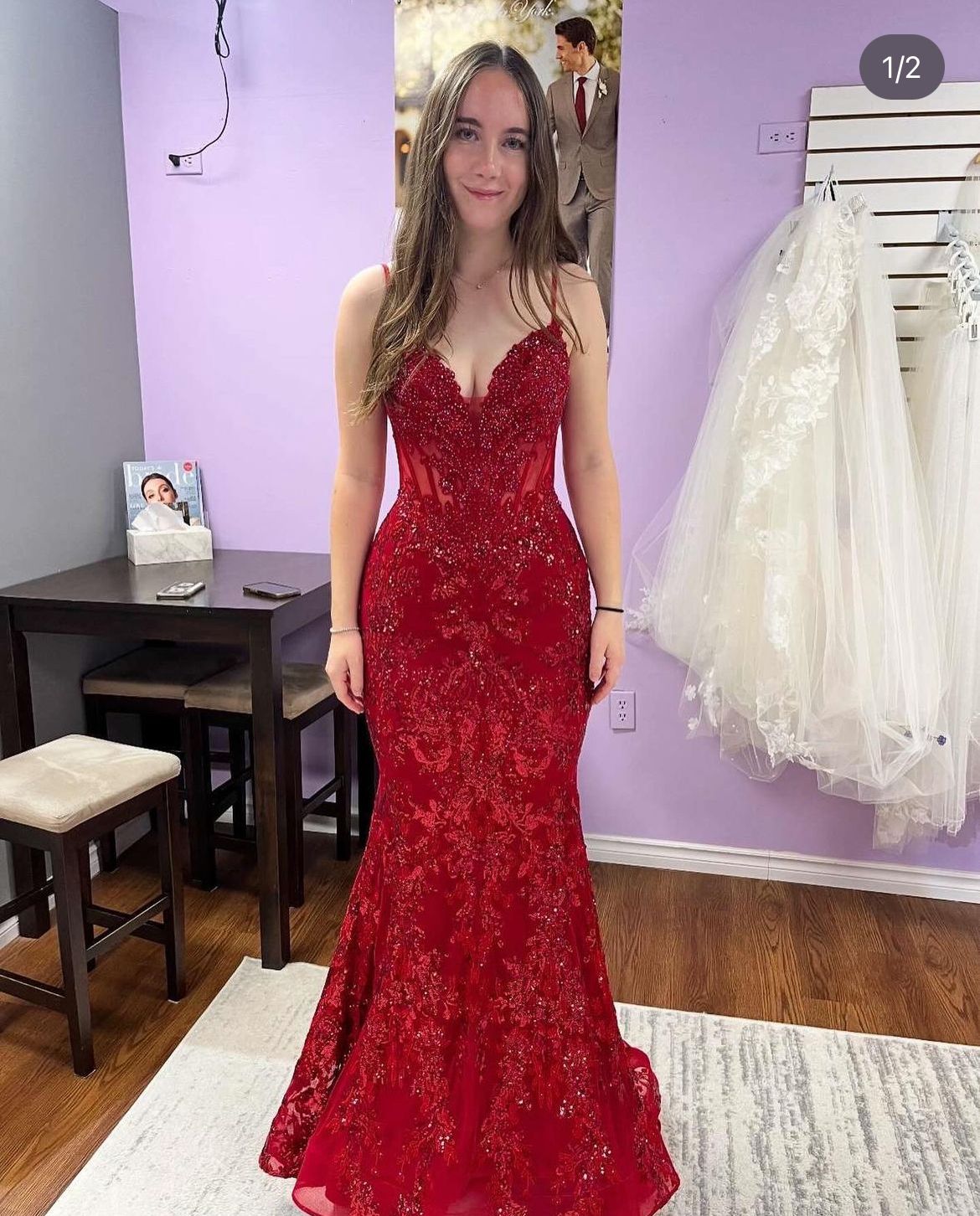 Meerjungfrauen-Abendkleid mit Spaghettiträgern, roter Spitze, glitzernd, langes Partykleid AB1607
