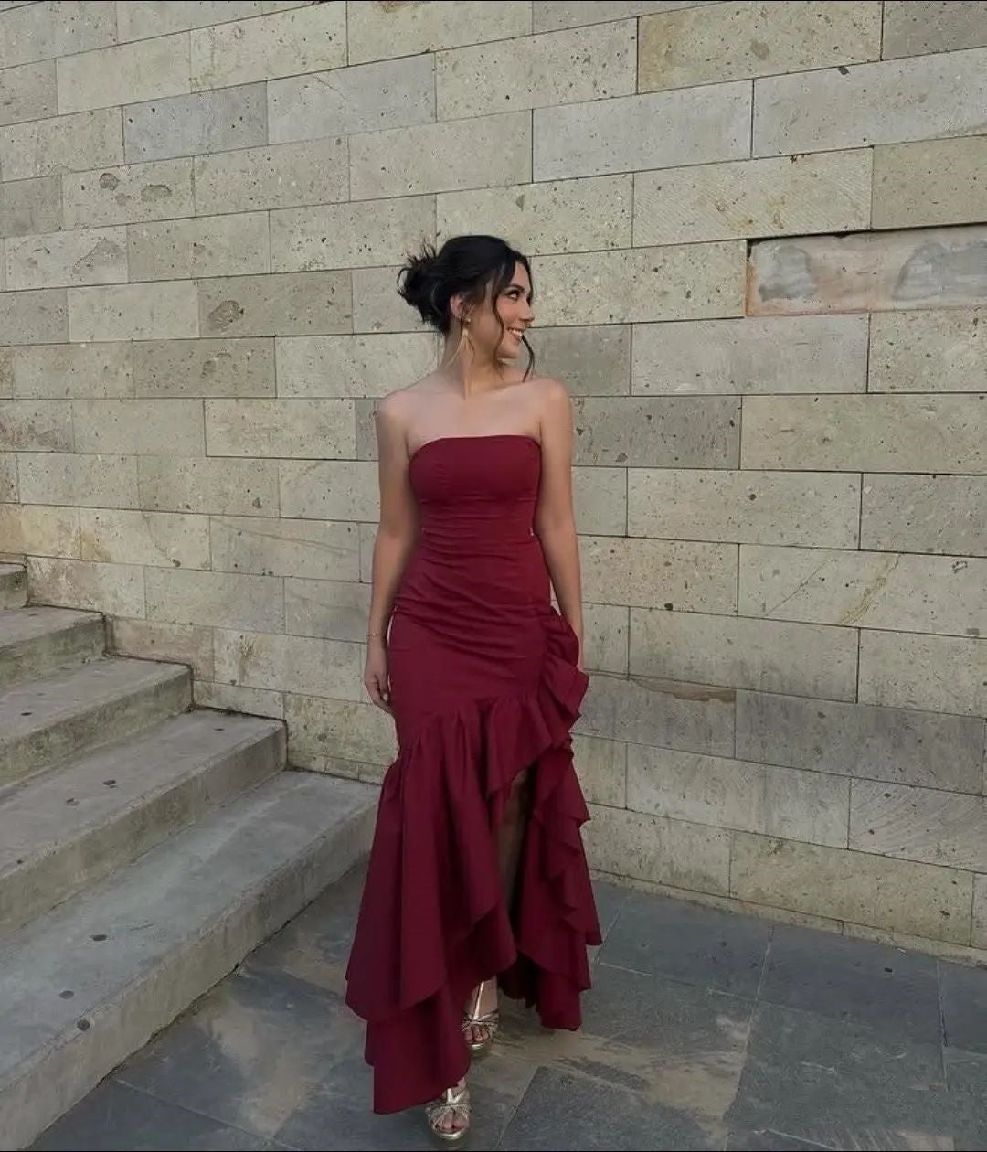 Simple Mermaid Strapless Burgundy Satin With Pleated Long Prom Dresses Formal Dress Party 20th Birthday Outfits N408