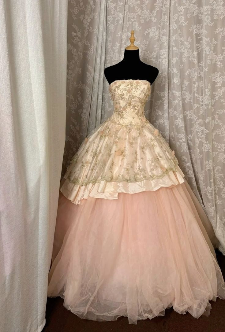 Robe de bal vintage rose sans bretelles, robe de soirée longue en dentelle pour anniversaire, tenue de bal de fin d'année, robe de cérémonie N534