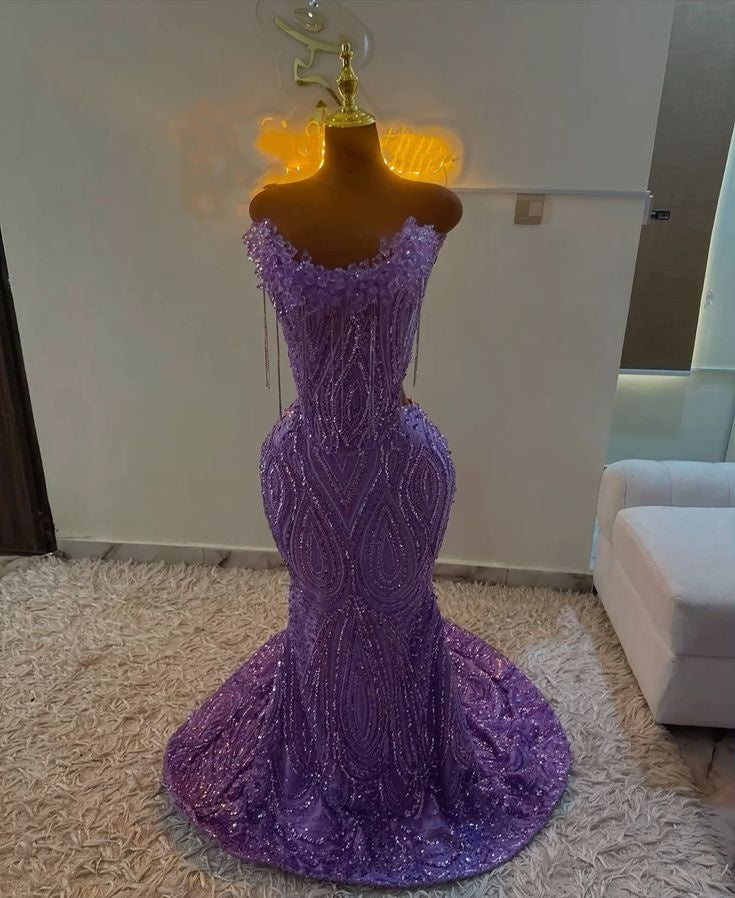 Exquisite Mermaid Strapless Grape Sequin Long Prom Dresses Senior Formal Party Dress Prom Gown AB1180