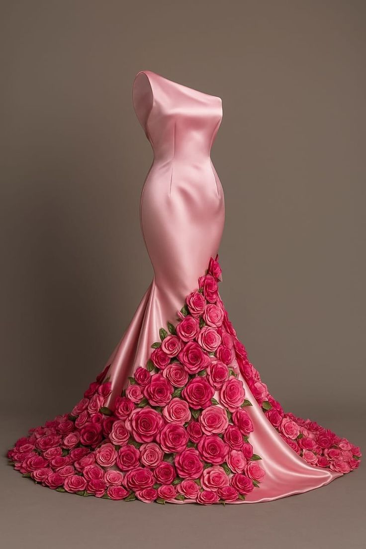 Robe de bal longue rose à une épaule, style sirène, ornée de fleurs, idéale pour un 20e anniversaire (N114)