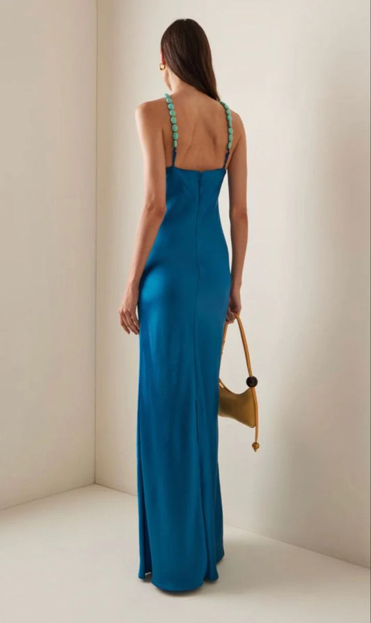 Elegante hochgeschlossene blaue Satin-Meerjungfrauen-Abendkleider für Damen N4182
