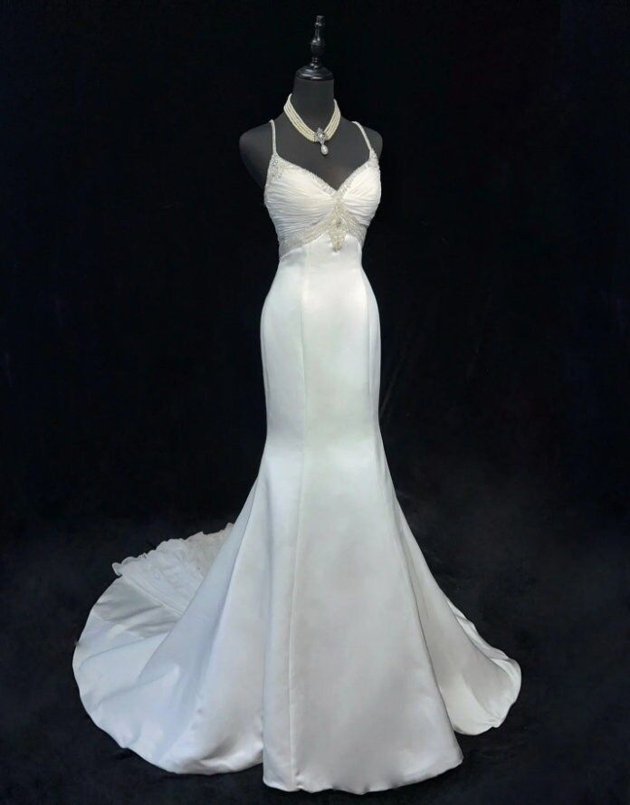 Unique Mermaid Spaghetti Straps Satin White Wedding Dresses Brides Dress AB992