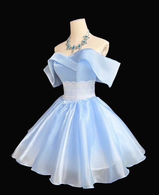 Pretty Ball Gown Off The Shoulder Blue Organza Mini Short Party Homecoming Dress Senior High School Ideas Inspo Short Birthday Outfits RB7323
