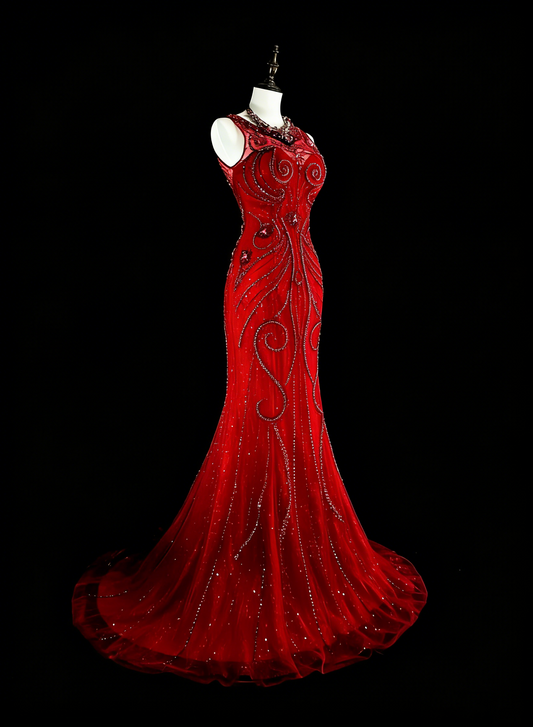 Vintage Mermaid Scoop Red Tulle 80s Evening Gowns Formal Birthday Dress Long Prom Dresses N1759