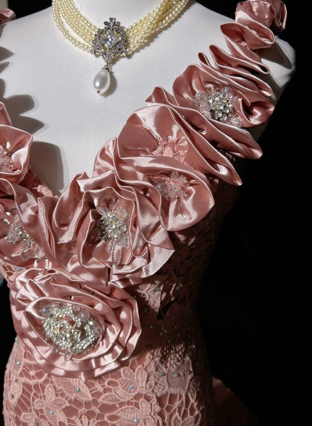 Vintage Prom Dresses Mermaid V Neck Pink Lace With 3d Flowers 1950s Long Formal Gown N2594