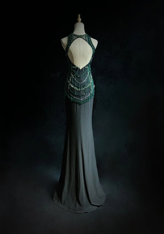 Vintage Abschlussballkleider Meerjungfrau Scoop mit Glitzerperlen Rückenfrei Schwarz 80er Abendkleid RB3270