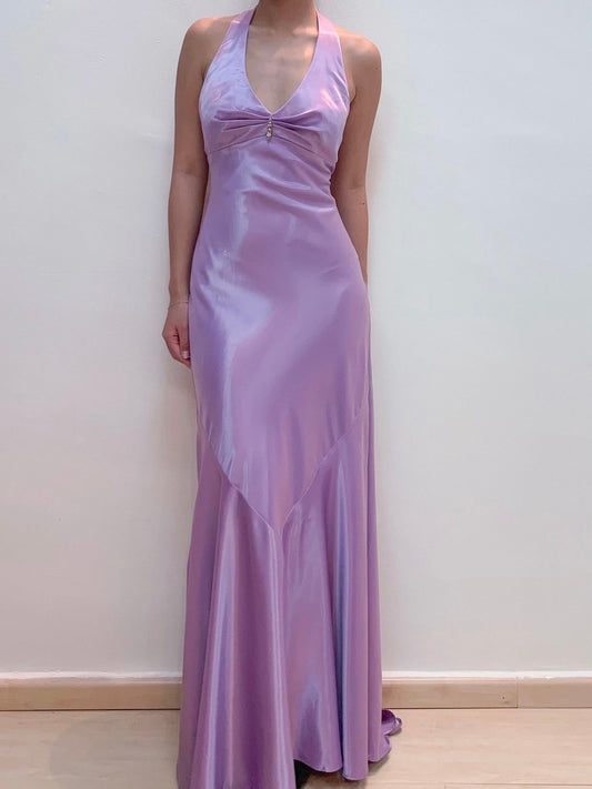 Vintage Meerjungfrauen-Neckholder-Kleid aus lila Satin, Abendkleid, lange Ballkleider N2751