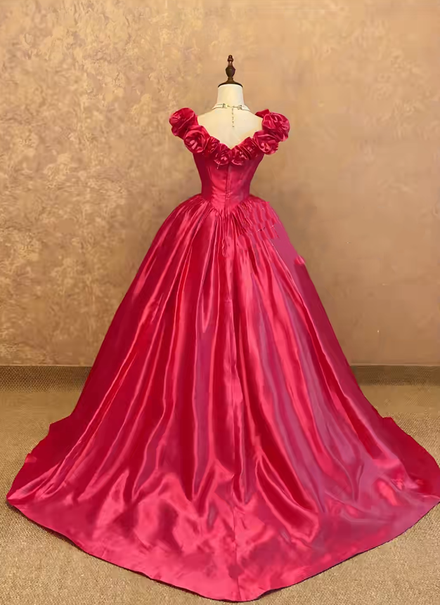 Hot Pink 3D Floral Satin Ball Gown Quinceanera Dress, Sweet 15 Birthday Formal Dress RC0037