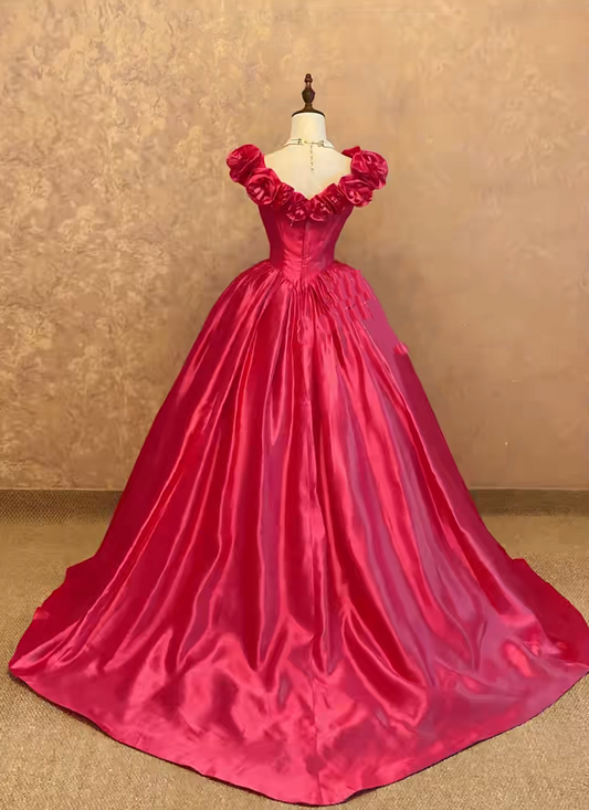 Hot Pink 3D Floral Satin Ball Gown Quinceanera Dress, Sweet 15 Birthday Formal Dress RC0037
