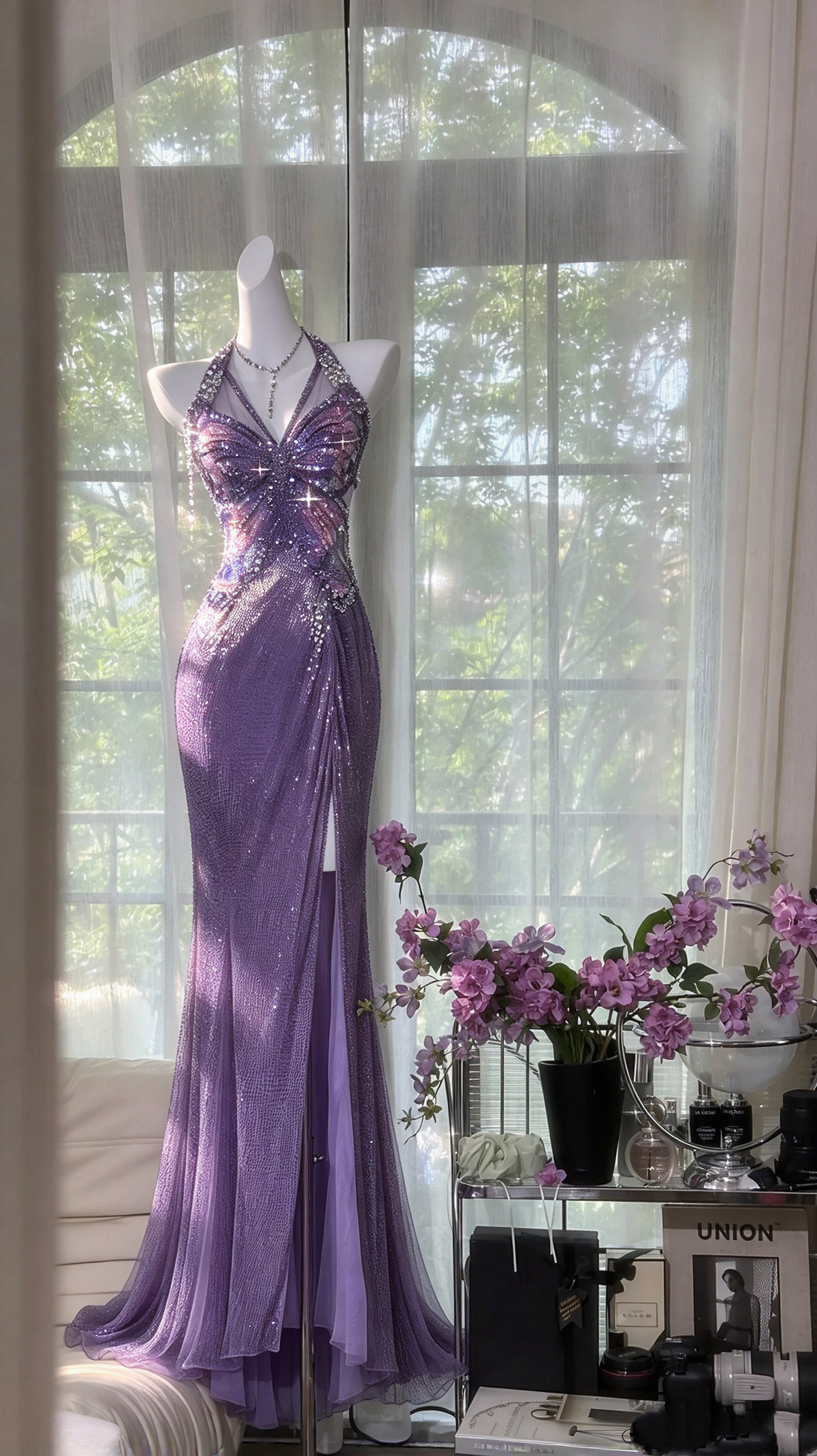 Stunning Prom Dresses Mermaid Halter Lilac With Beading Sequin Split Long Formal Dress RC1246
