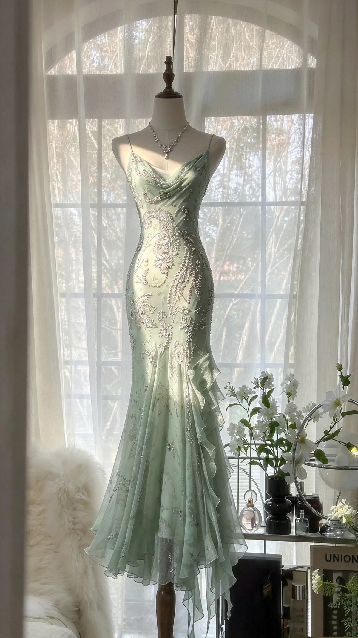 Shiny Mermaid Spaghetti Straps Mint Green Chiffon Sleeveless Beaded Long Prom Dresses Inspo Party Gown RC1247