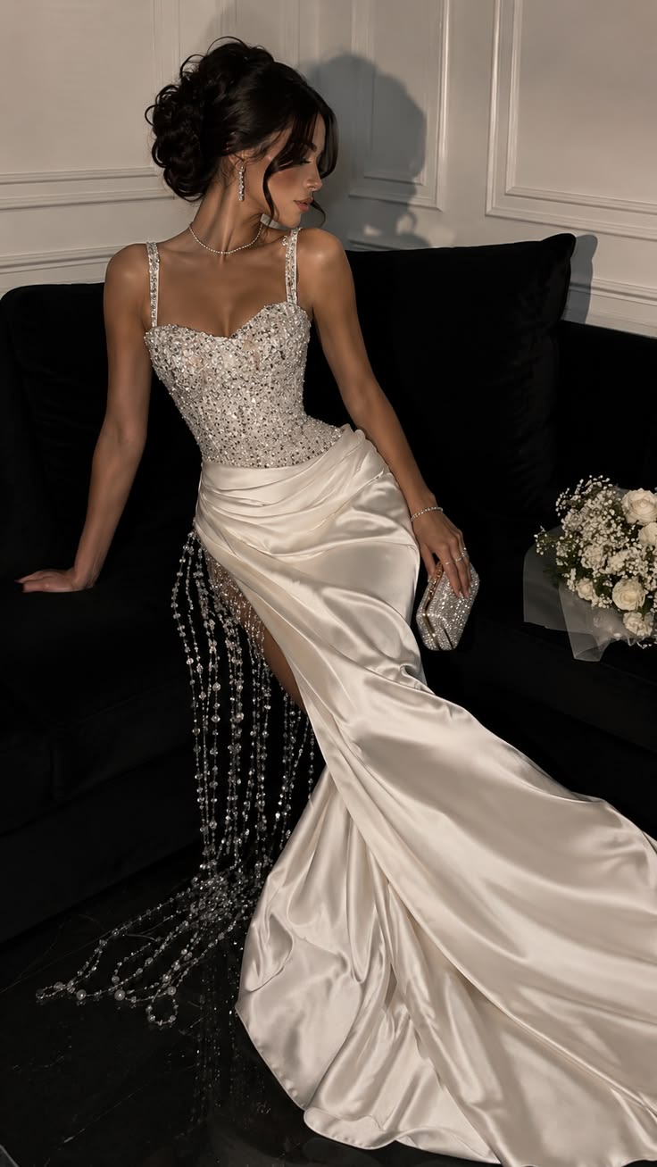 Gorgeous Evening Outfit Mermaid Spaghetti Straps White Satin Prom Dresses Long Formal Dress RC1419