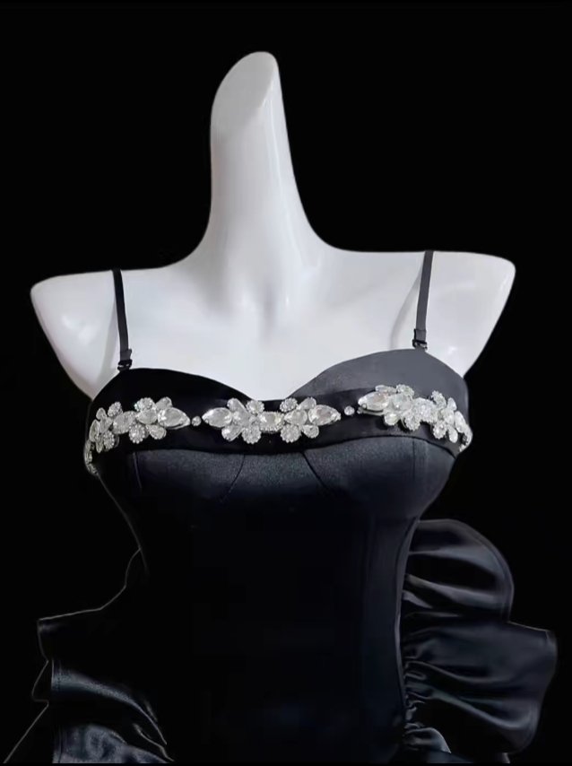 Cute Ball Gown Spaghetti Strap Black Satin Mini University Ideas Homecoming Dress Inspo Short Birthday Dresses Senior Graduation Outfits RB7171