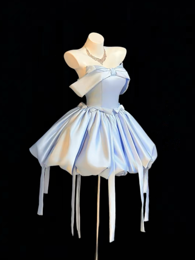 Pretty Ball Gown Off The Shoulder Satin Blue Short Mini Party Homecoming Dresses High School Ideas Inspo 16th Birthday Outfits RB7337