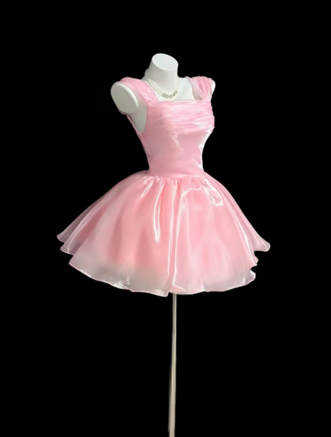 Pretty Ball Gown Square Neck Organza Pink Short Mini Party Homecoming Dresses High School Ideas Inspo 17th Birthday Outfits RB7346