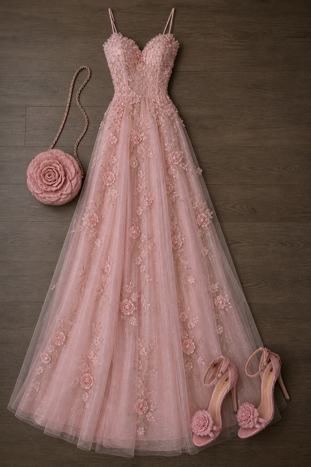Pretty A line Spaghetti Straps Pink Tulle Long Prom Dresses With Appliques RC1324