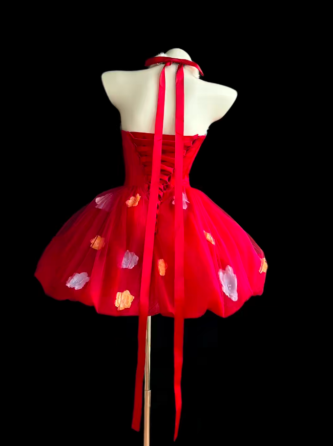 Pretty Ball Gown Strapless Red With Colorful Flowers Short Party Homecoming Dress Senior High School Ideas Inspo Short Birthday Outfits RB7349