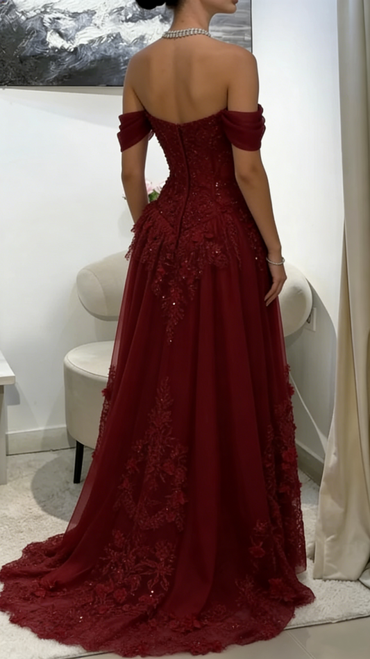 Schulterfreies, appliziertes A-Linien-Abendkleid aus Tüll mit Korsett-Schnitt N1506
