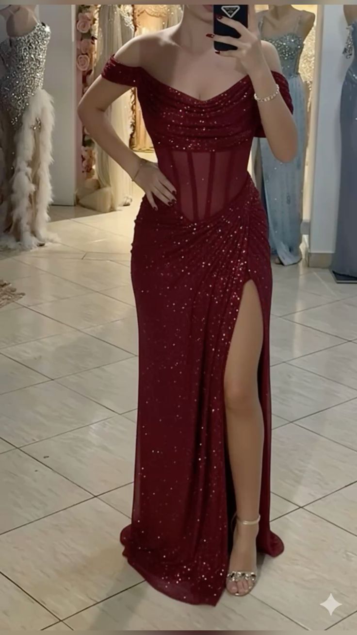 Robe de bal sirène sexy à épaules dénudées bordeaux à sequins et manches longues, robe de soirée formelle, robe de mariage N355