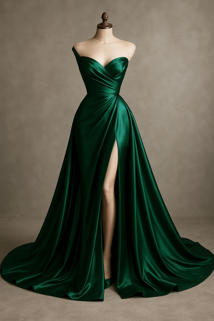 Elegantes, einseitig schulterfreies, grünes Satin-Abendkleid mit Schlitz in A-Linie, langes Partykleid AB1106