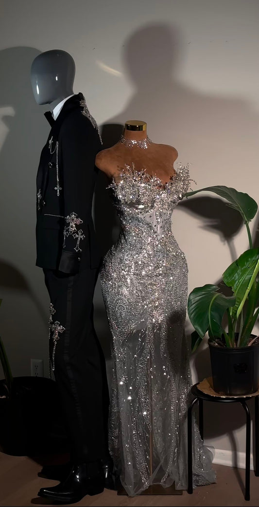 Glitzerndes Meerjungfrauen-Abendkleid mit Herzausschnitt, silberfarben, paillettenbesetzt, perlenbesetzt, Kristalle, langes formelles Abendkleid N811
