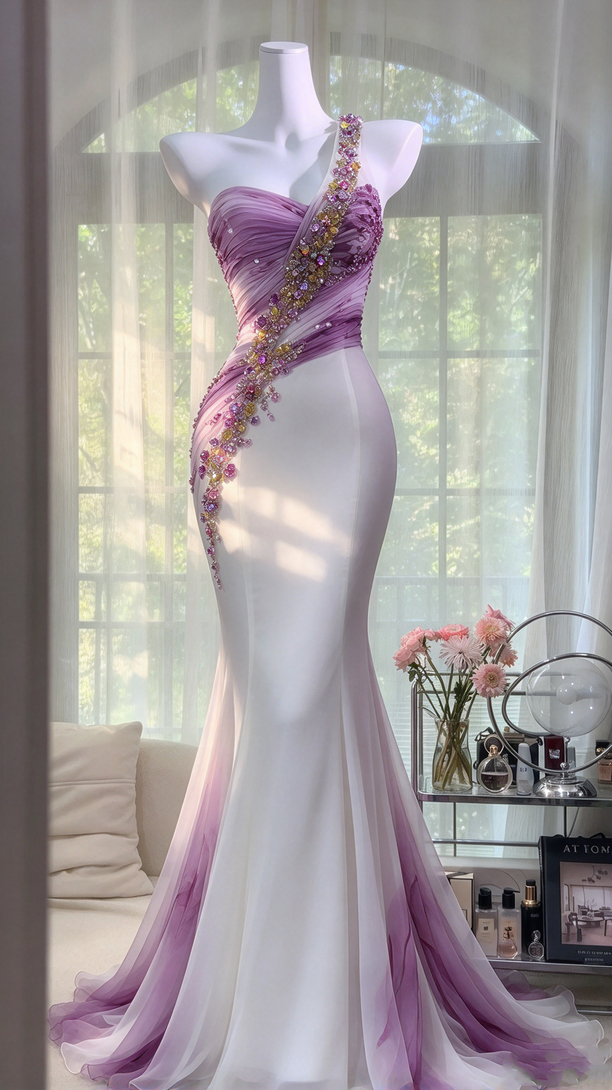 Stunning Prom Dresses Mermaid One Shoulder Lilac White Chiffon With Beading Long Formal Dress RC1252