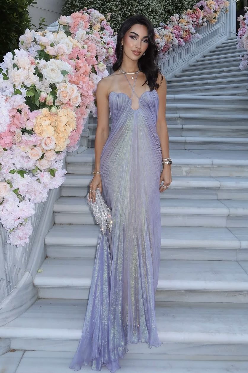 Magnifique robe de bal longue lilas à col halter et coupe trapèze, tenue de soirée formelle, 1000 N