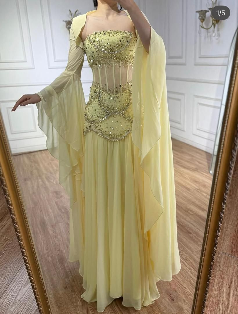 Sexy A Line Strapless Yellow Chiffon With Beading Cape Long Evening Dresses Night Date Prom Dress For Women AB2566