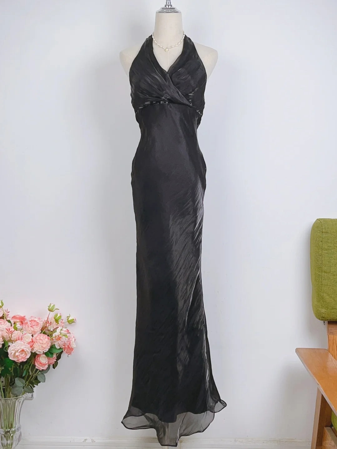 Robe de soirée longue noire à volants des années 90 pour bal de promo tenue de soirée RB3928