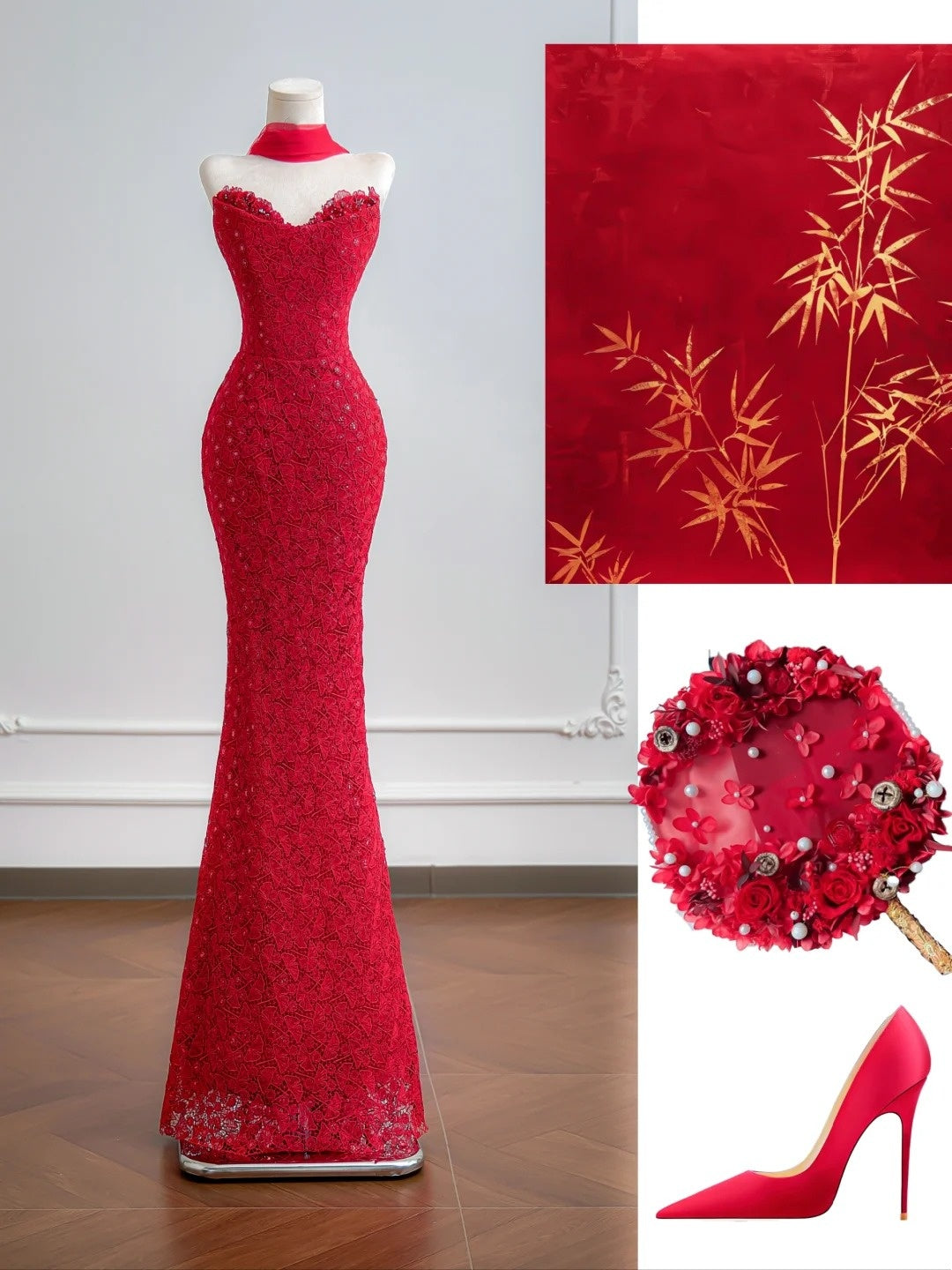 Romantisches Meerjungfrauen-Abendkleid aus roter Spitze mit Schal, langes Kleid, beeindruckendes Outfit zum 18. Geburtstag, Partykleid N395