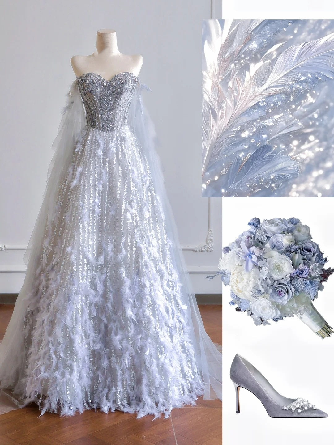Robe de bal intemporelle à décolleté cœur, sequins argentés et plumes perlées, inspiration robe de soirée, robe de bal N306