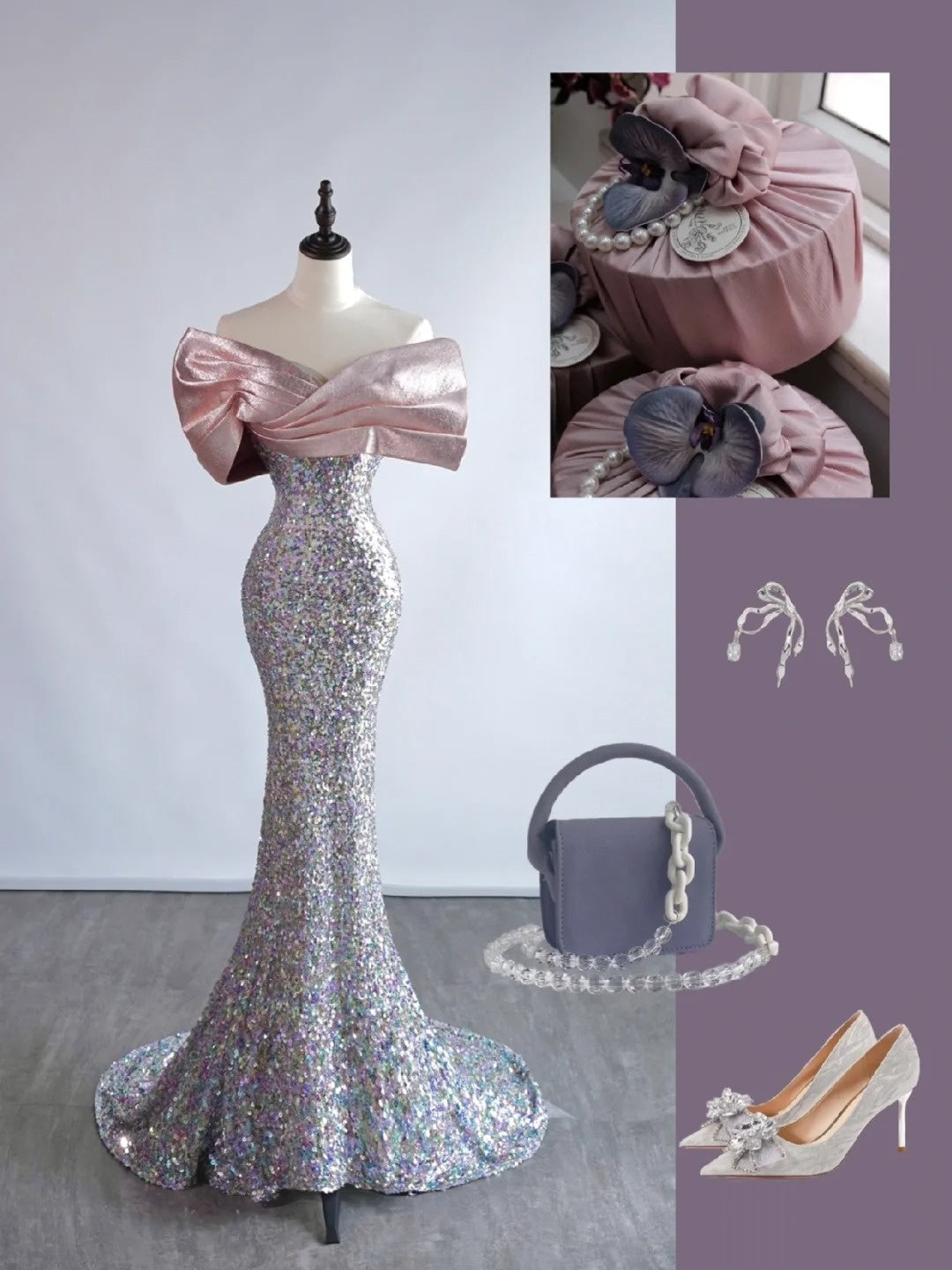 Robe de bal longue sirène à paillettes argentées, épaules dénudées, manches courtes, N685