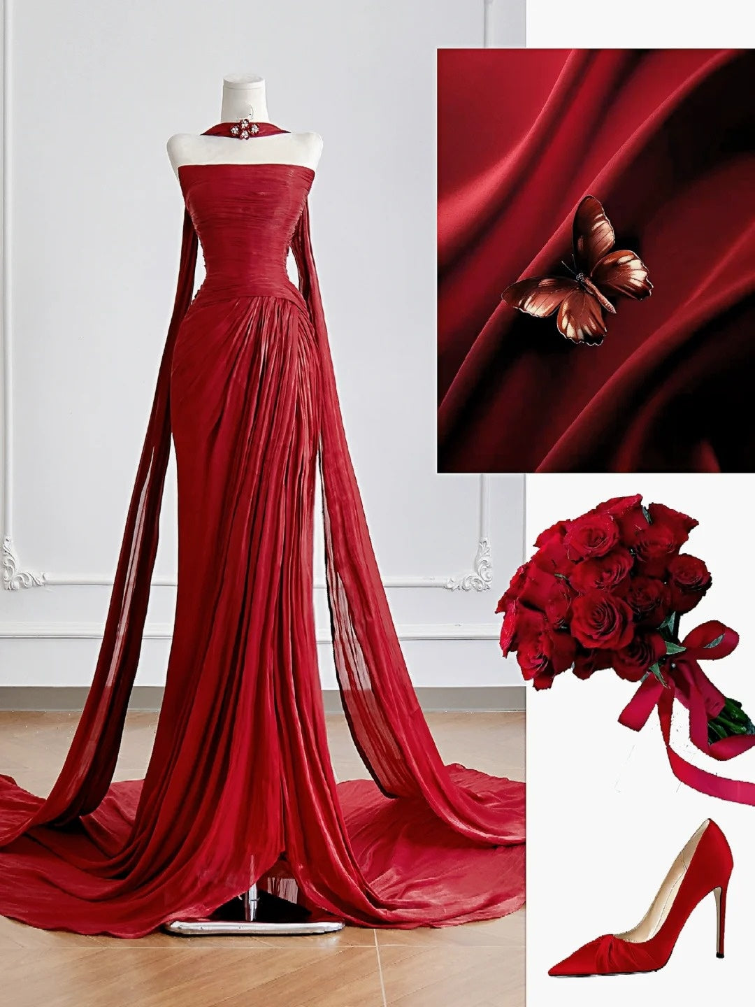 Robe de bal longue sirène intemporelle en mousseline rouge avec fente foulard, inspiration robe de soirée N307